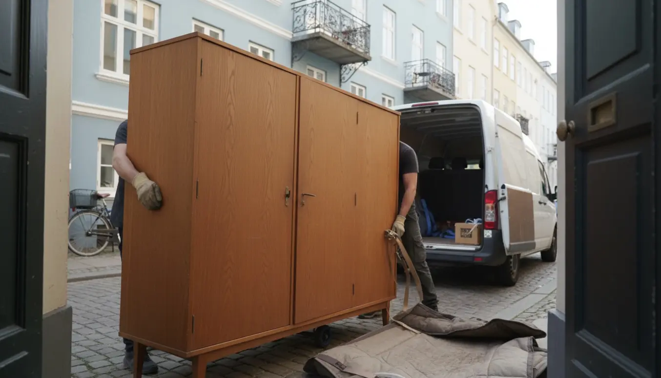 Et klædeskab læsses i en flyttevogn på en københavnsk gade, to personer bærer møblet med dæmpede ansigter.