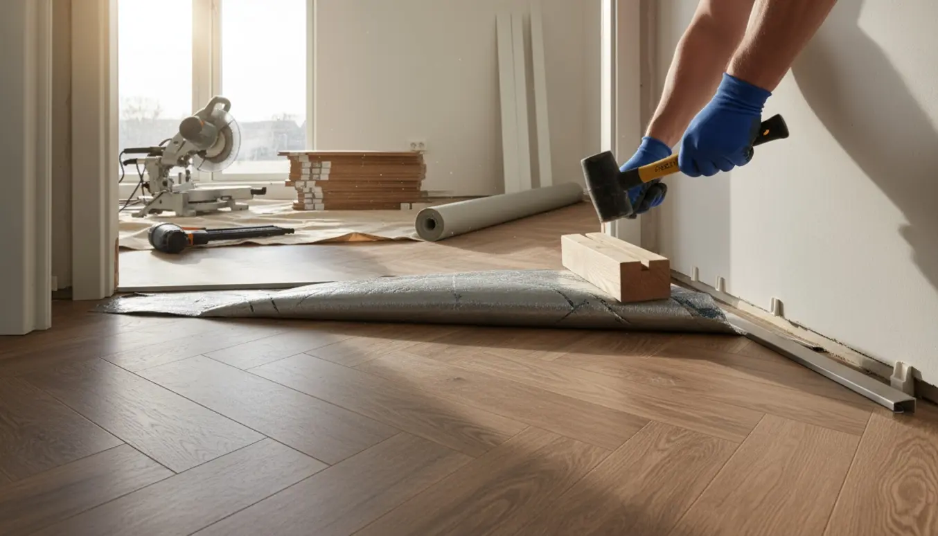 Nærbillede af montering af laminat slidebensgulv med lyddæmpende underlag, dampspærre, endekantsprofil og gulvlister i et lyst rum.