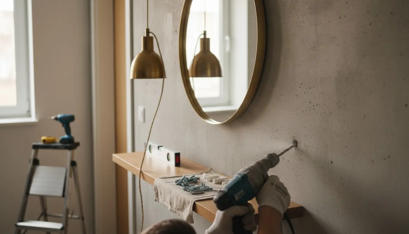 Hænder bruger en borehammer til at montere lampe, spejl og hylde i en betonvæg.