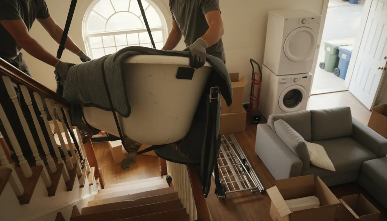 Flyttefolk bærer et fritstående løvebadekar ned ad en trappe med vaskemaskine, sengedele og flyttekasser på landingen.