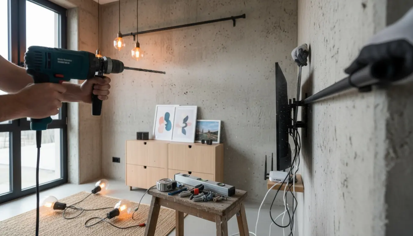 Hænder monterer gardinstang og TV på en betonvæg med værktøj, lamper og en router med kabler.