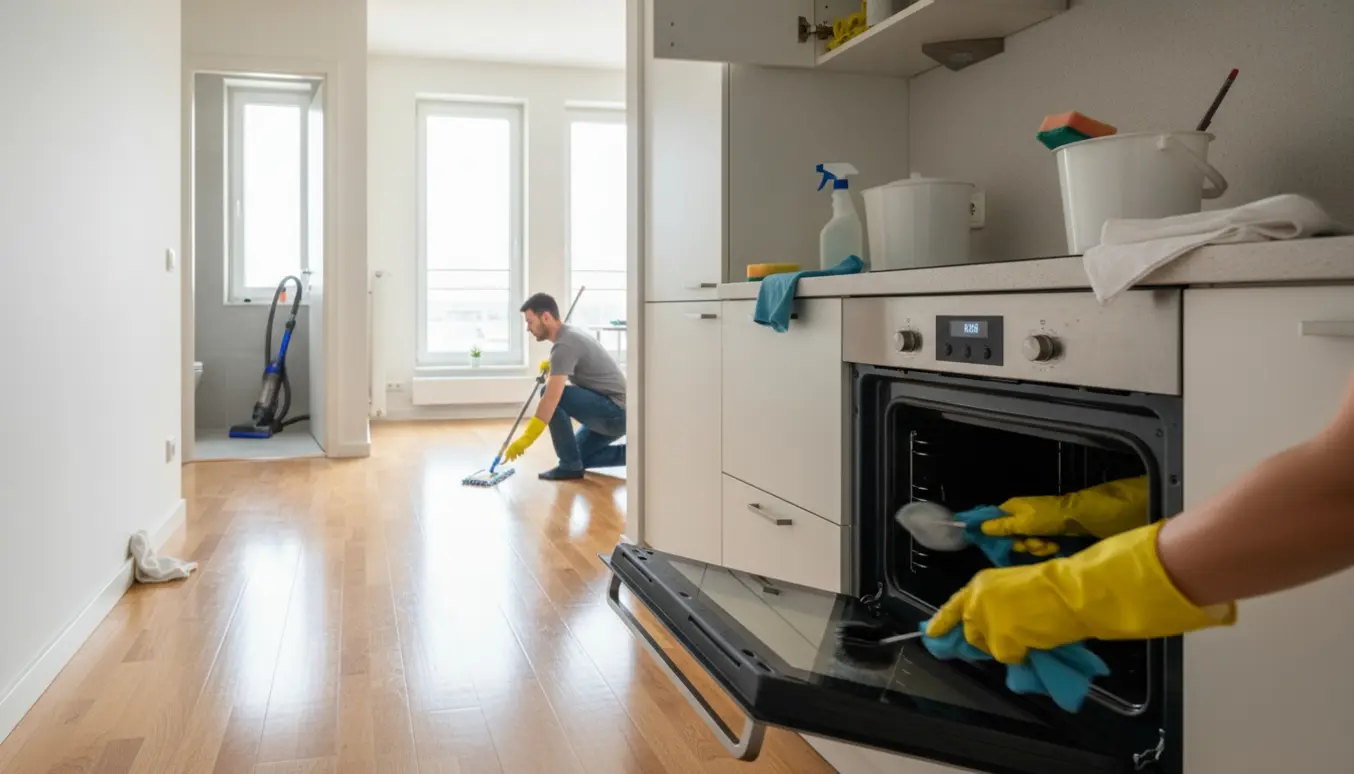 Hænder i gummihandsker rengør ovn, skabe og gulv i en lys lejlighed ved flytterengøring.