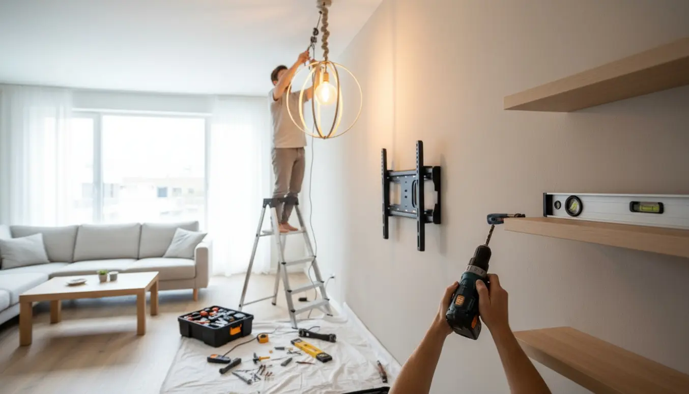 Hænder monterer tv-beslag, hænger en loftlampe op og justerer væghylder i en lys stue.