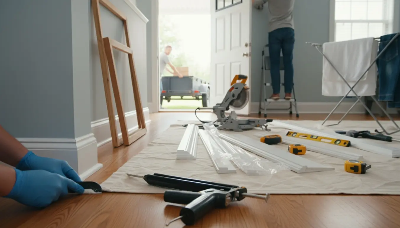 Stue med igangværende gør-det-selv-opgaver: montering af lister, ophængning af billeder, opsætning af tørrestativ, fugning af fodpaneler og trailer i indkørslen.