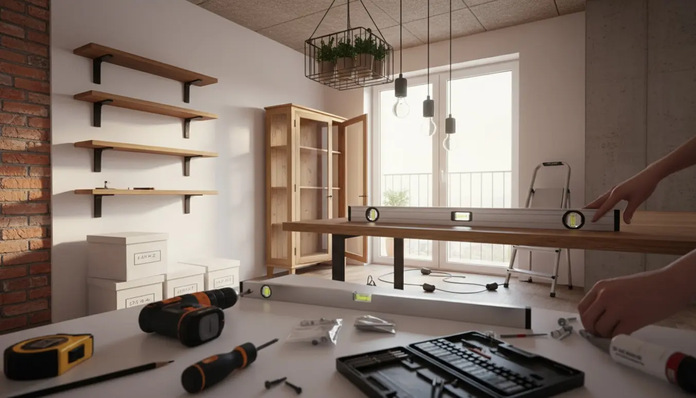Værktøj og hænder justerer hylder, bordplade og lampe i et lyst rum med gips-, murstens- og betonvægge.