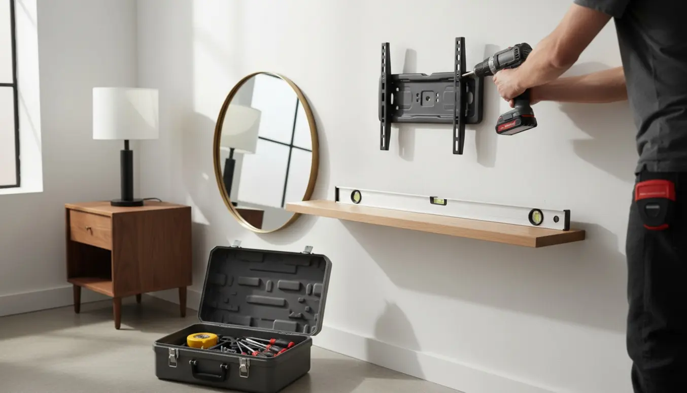 Hænder bruger en boremaskine til at montere hylder, et TV-beslag og spejl på en væg, med værktøjssæt ved siden af.