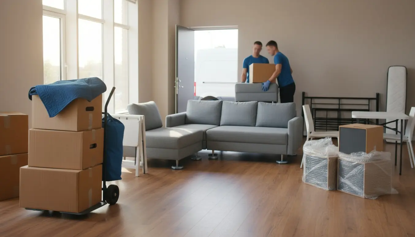 Flyttehjælp med kasser, en opdelbar sofa, seng, klapbord, fire stole og to små reoler klar til indlastning.