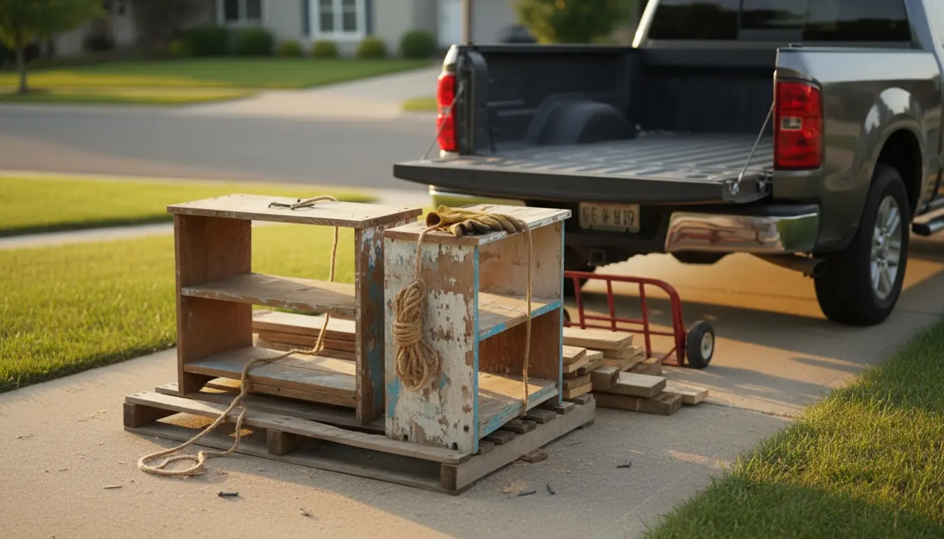 Stak træplader og to små reoler i indkørsel klar til afhentning.