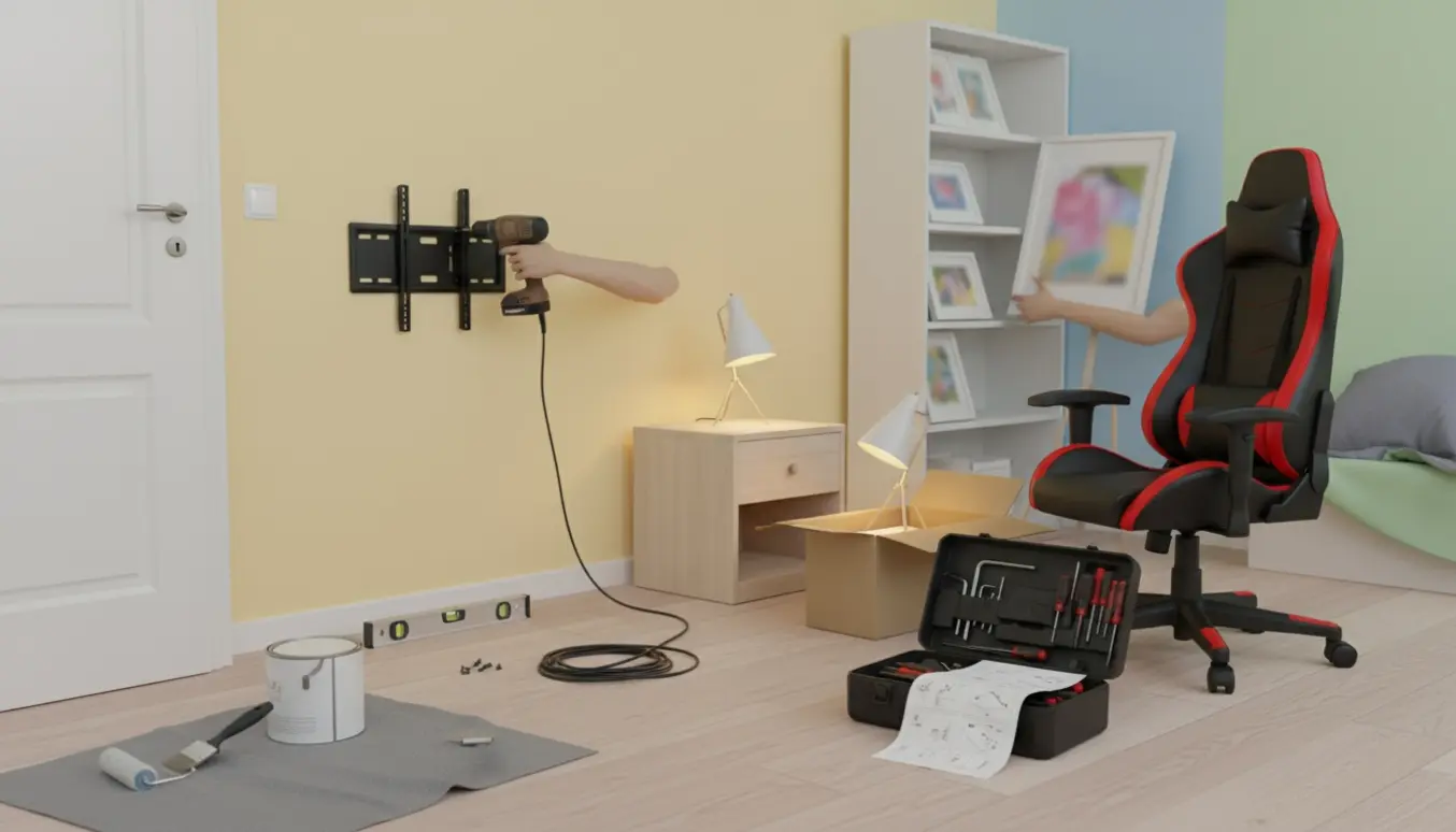 Børneværelse under opsætning med TV-monteringsarbejde, maling af døren, samlet gamer-stol og lamper klar til ophæng.