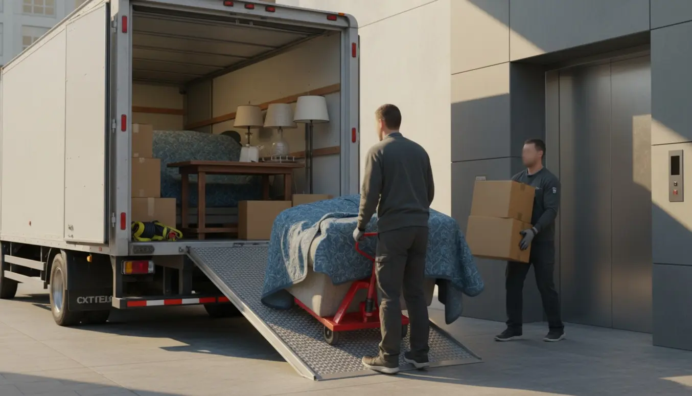 Åben kassebil foran en bolig, mens møbler og umarkerede kasser bliver båret ind i en vareelevator.