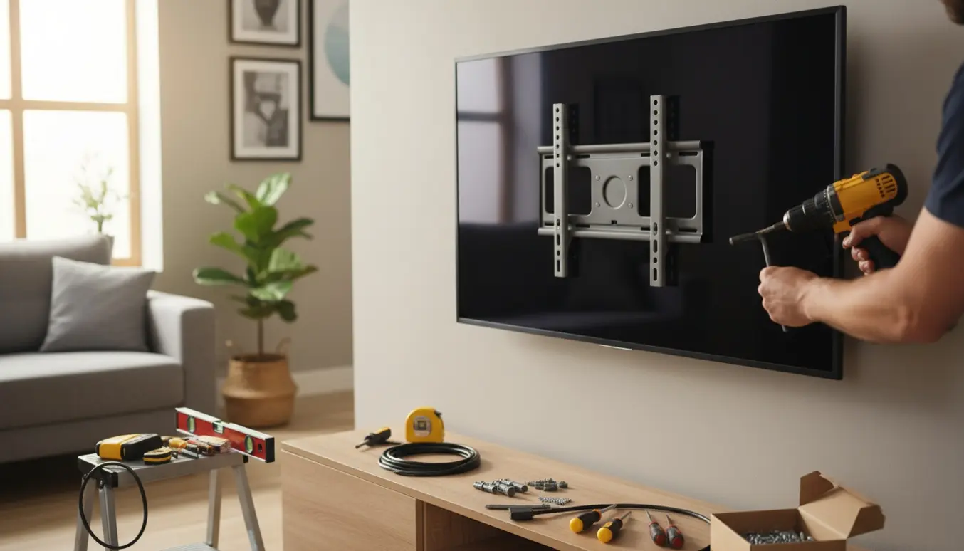 Hænger et 65 tommer fladskærms-tv op på væg med originalt vægbeslag og værktøj i et lyst, ryddeligt opholdsstue.