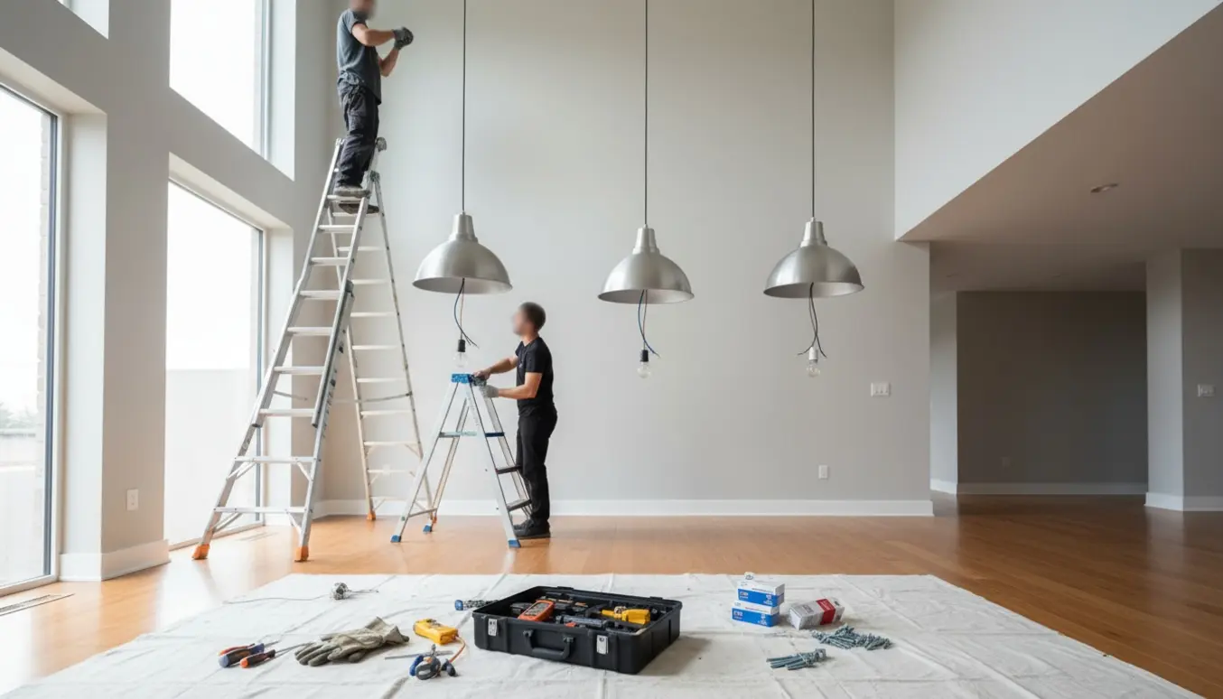 Fire lamper ved montering i et lyst rum med højt loft, to kræver en høj stige.