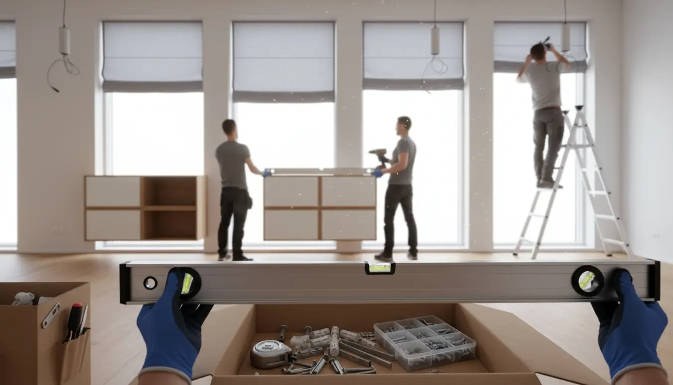 Montana-lignende skabe, rullegardiner og loftslamper hænges op i en lys skandinavisk stue med værktøj og stige.