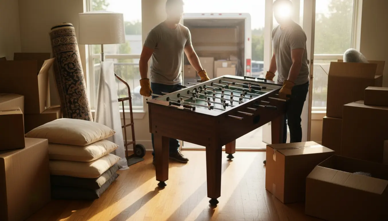 Professionelt bordfodboldbord bæres ind i en lejlighed under en privat flytning, omgivet af flyttekasser og tæpper.