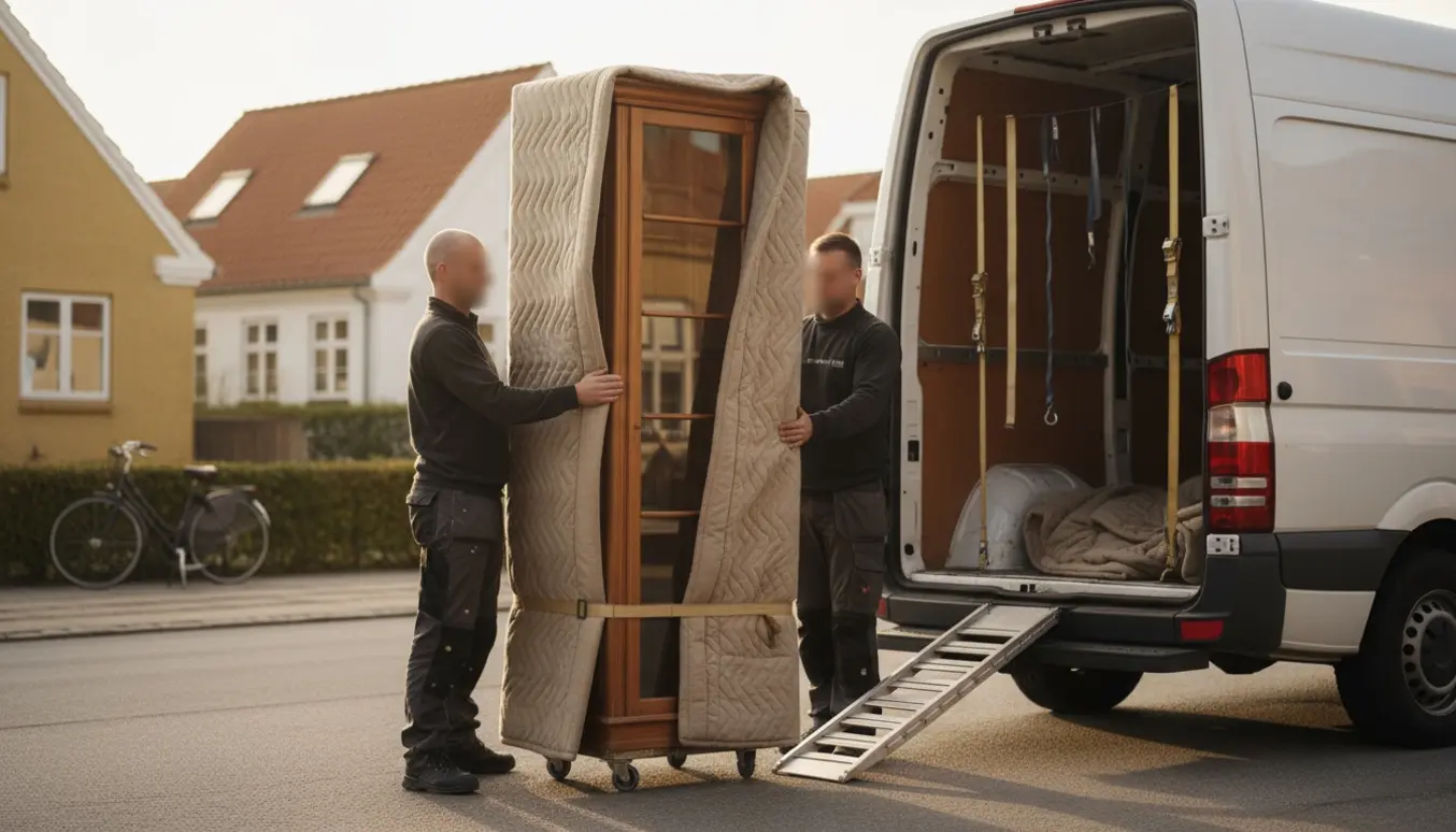 Vitrineskab pakkes ind og læsses i en varevogn med flyttetæpper og stropper.