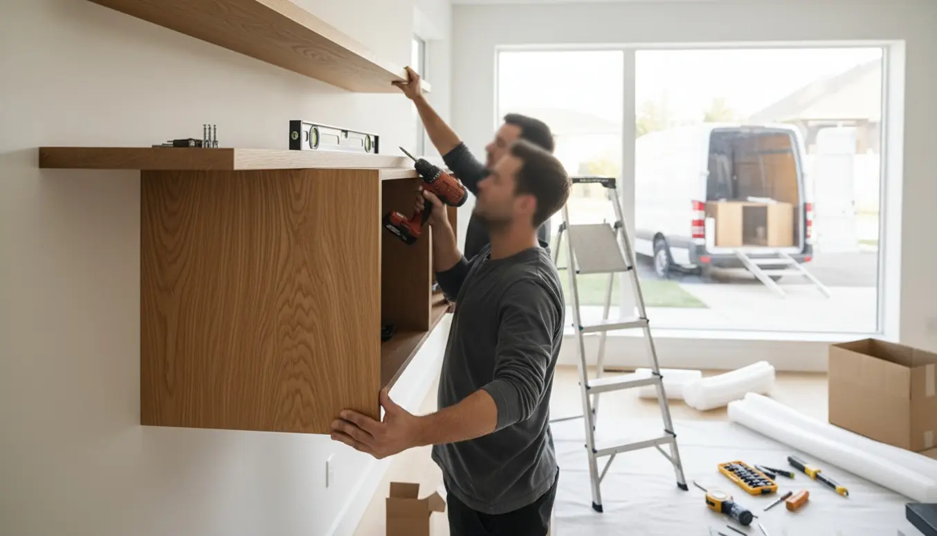 Montører monterer skabe og hylder i et lyst hjem med værktøj og en åben varevogn i baggrunden.