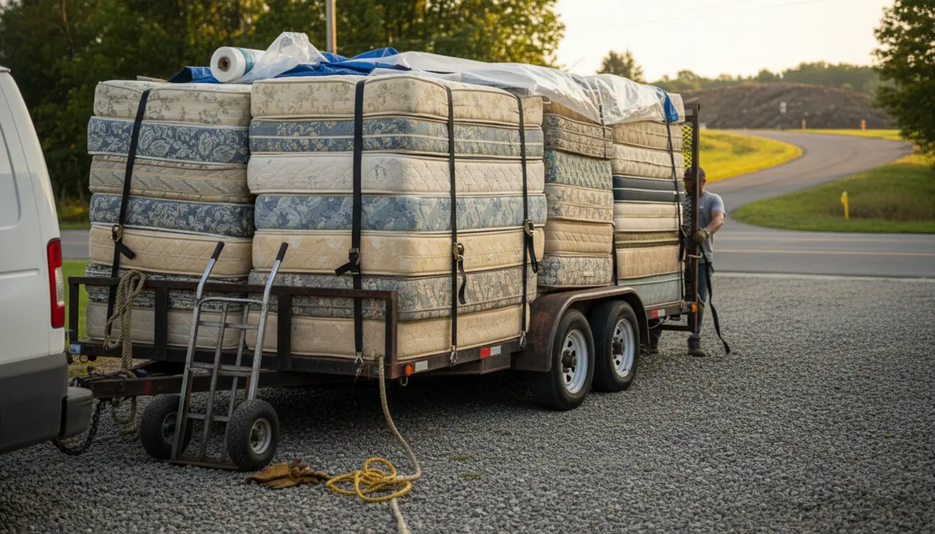 Åben trailer læsset med cirka tyve brugte madrasser stablet to i højden og sikret med stropper på en indkørsel, klar til bortkørsel.