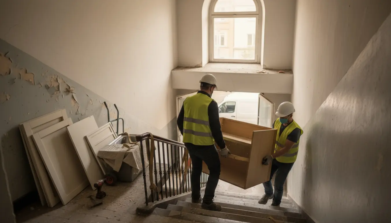 Håndværkere bærer et nedbrudt køkkenskab ned ad trappen mod en ubranded flyttebil.