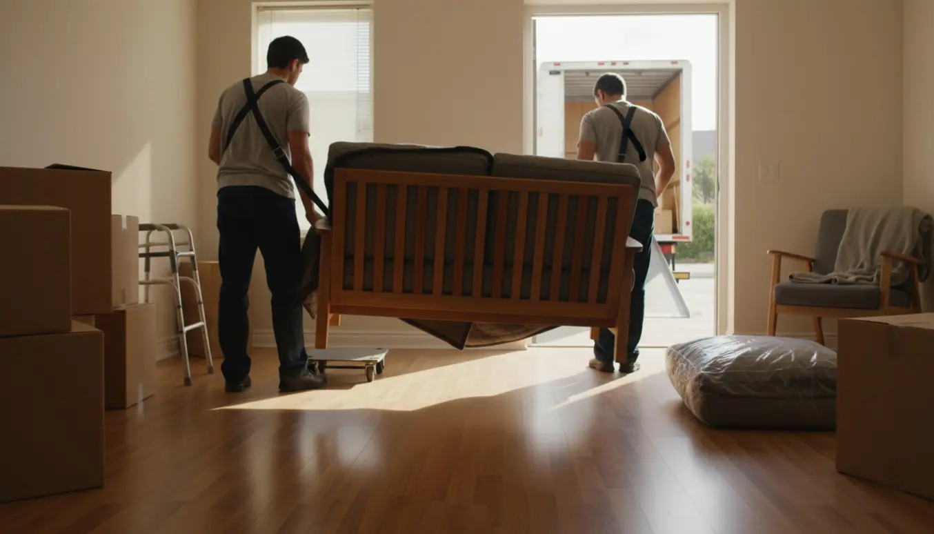 To flyttemænd bærer en tremmesofa med løse hynder ud af en lys lejlighed.