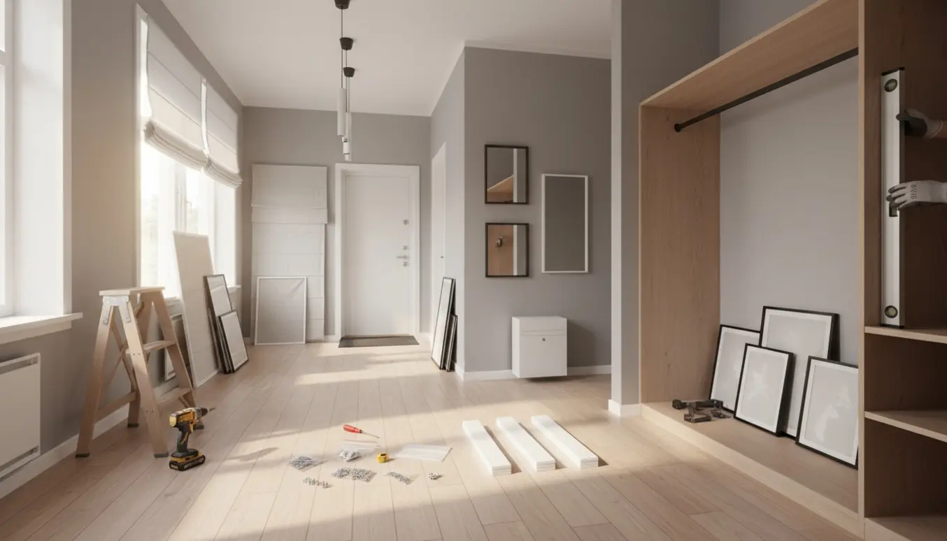 Lys lejlighed med værktøj og hængende lamper, spejle, gardiner og hylder klar til ophængning.