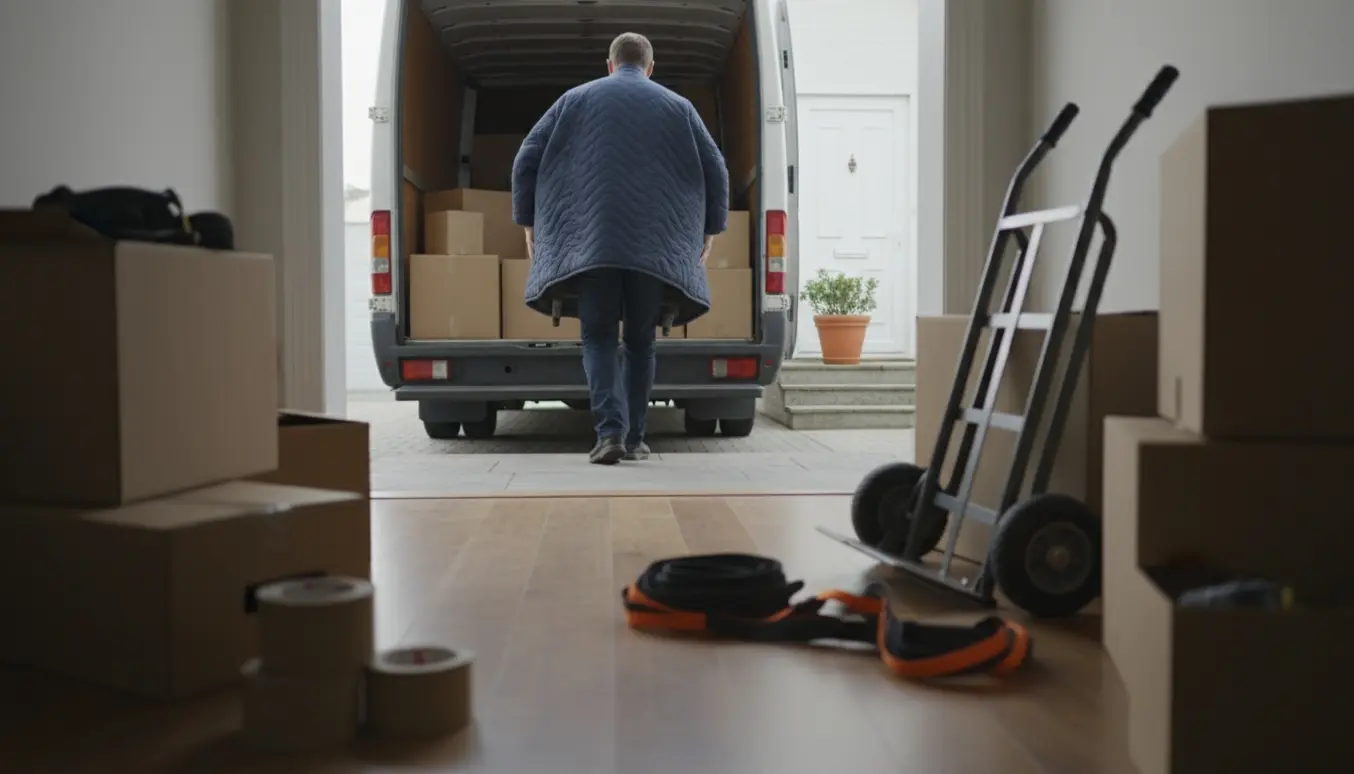 En flyttemand bærer en indpakket sofa forbi flyttekasser mod et hus med et par trapper.