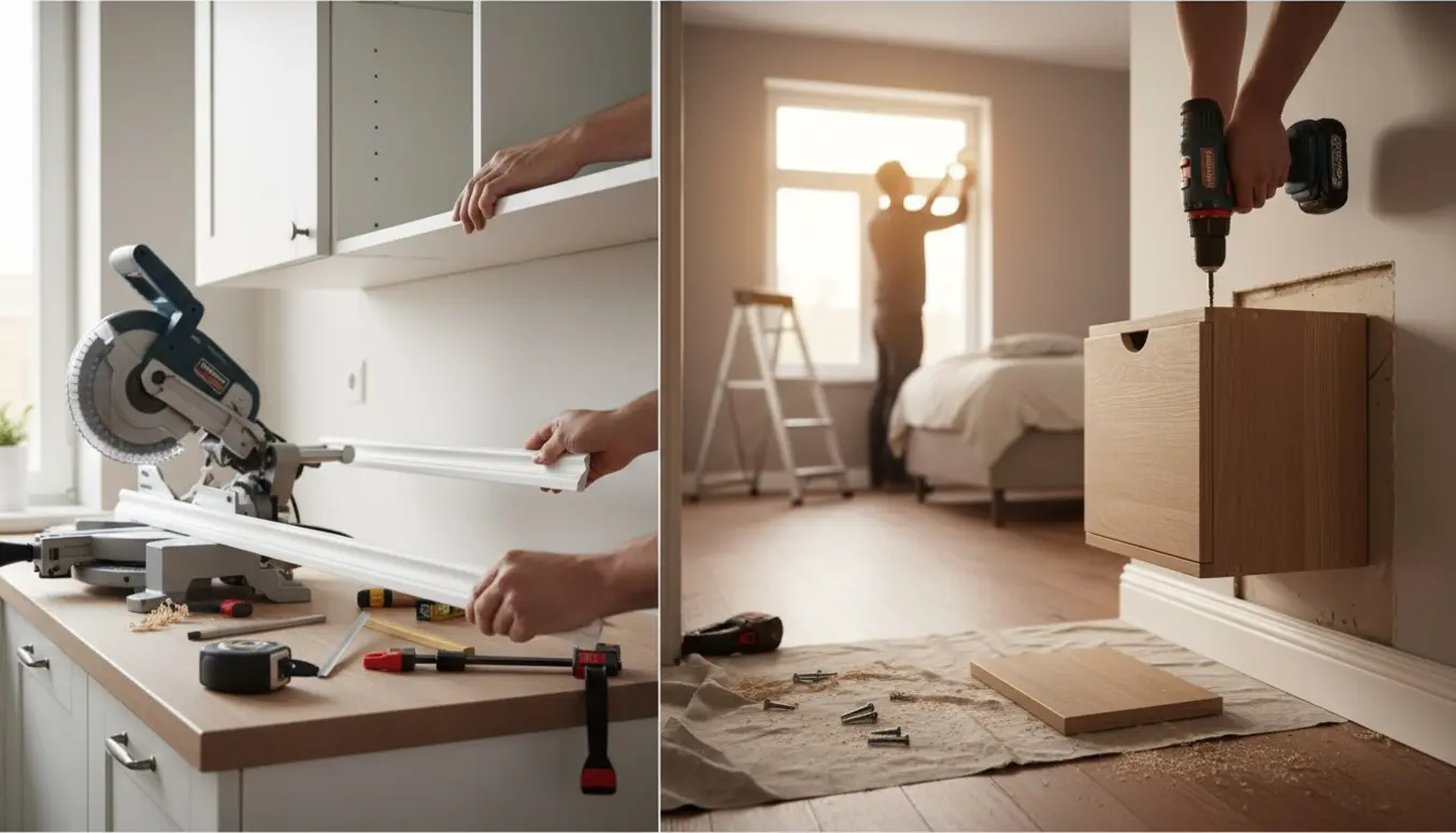 Hænder monterer et lille skoskab, skærer lister i smig under køkkenoverskabe og opsætter en lampe i soveværelset.