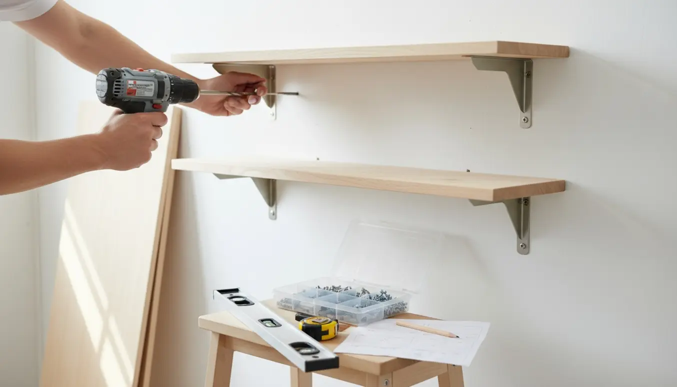 Hænder monterer lyse træhylder på en hvid gipsvæg med værktøj og rawlplugs ved siden af.