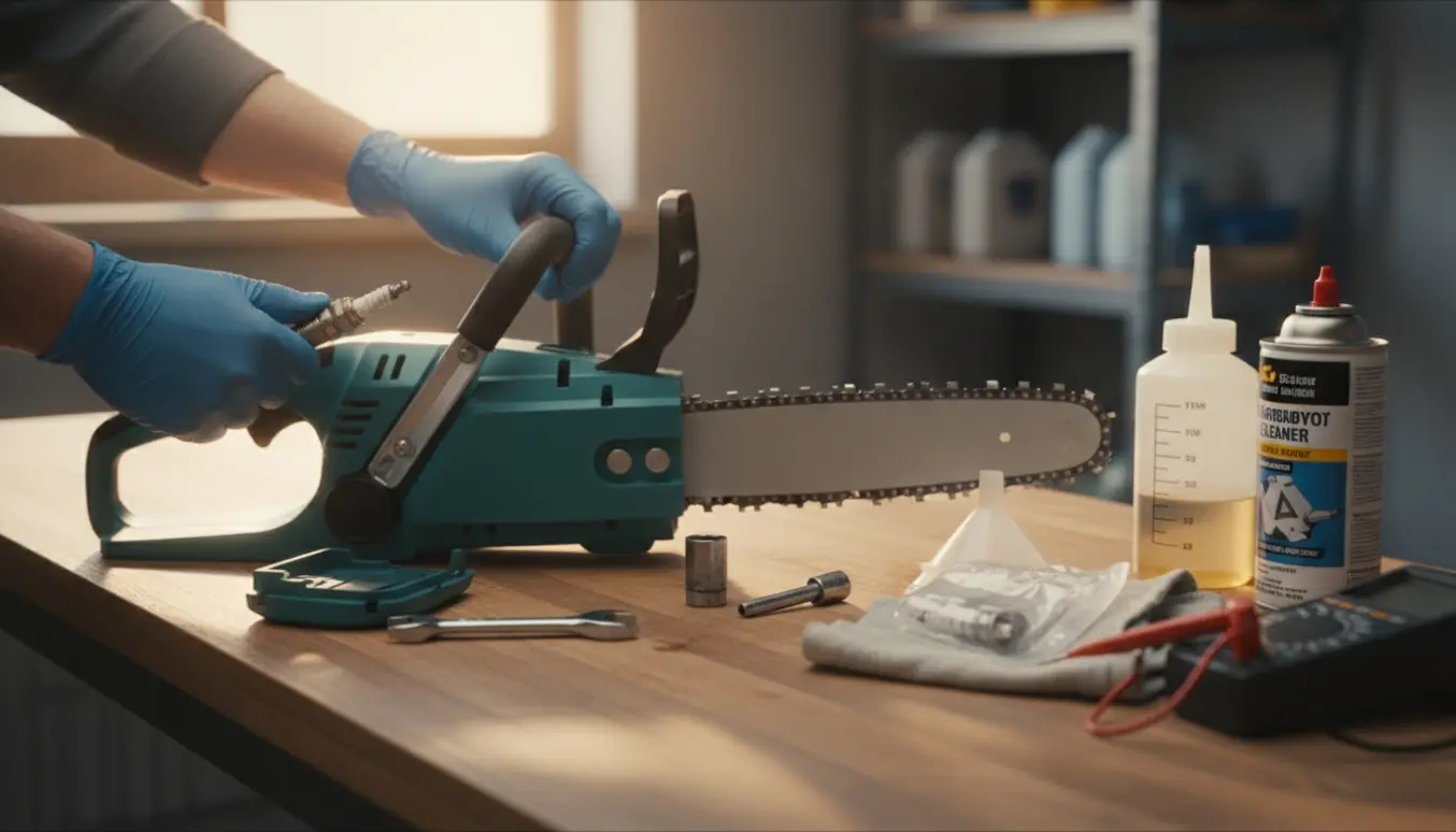 Hænder i handsker arbejder på en teal motorsav på et værkstedsbord med værktøj og reservedele.