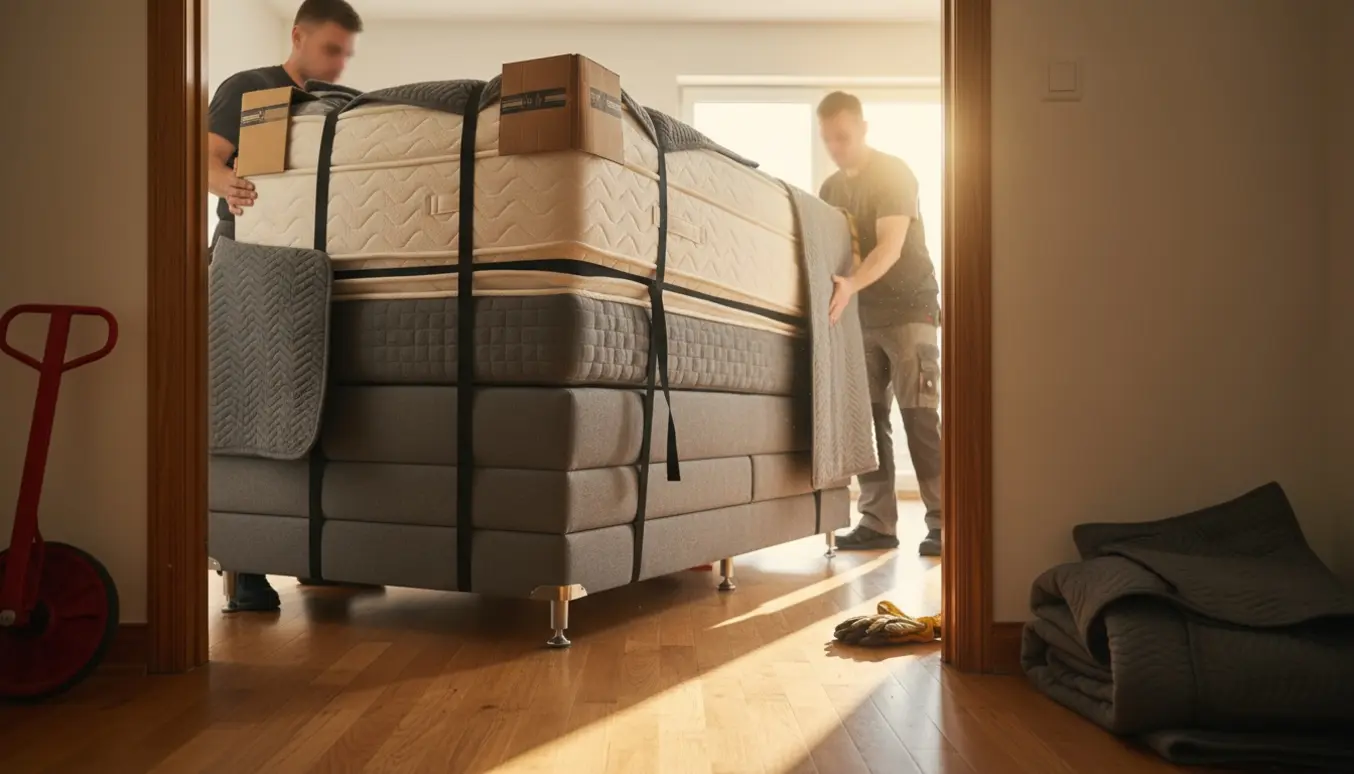 To flyttemænd bærer en stor kontinentalseng ind gennem en døråbning, indpakket i flyttetæpper og spændt med stropper.