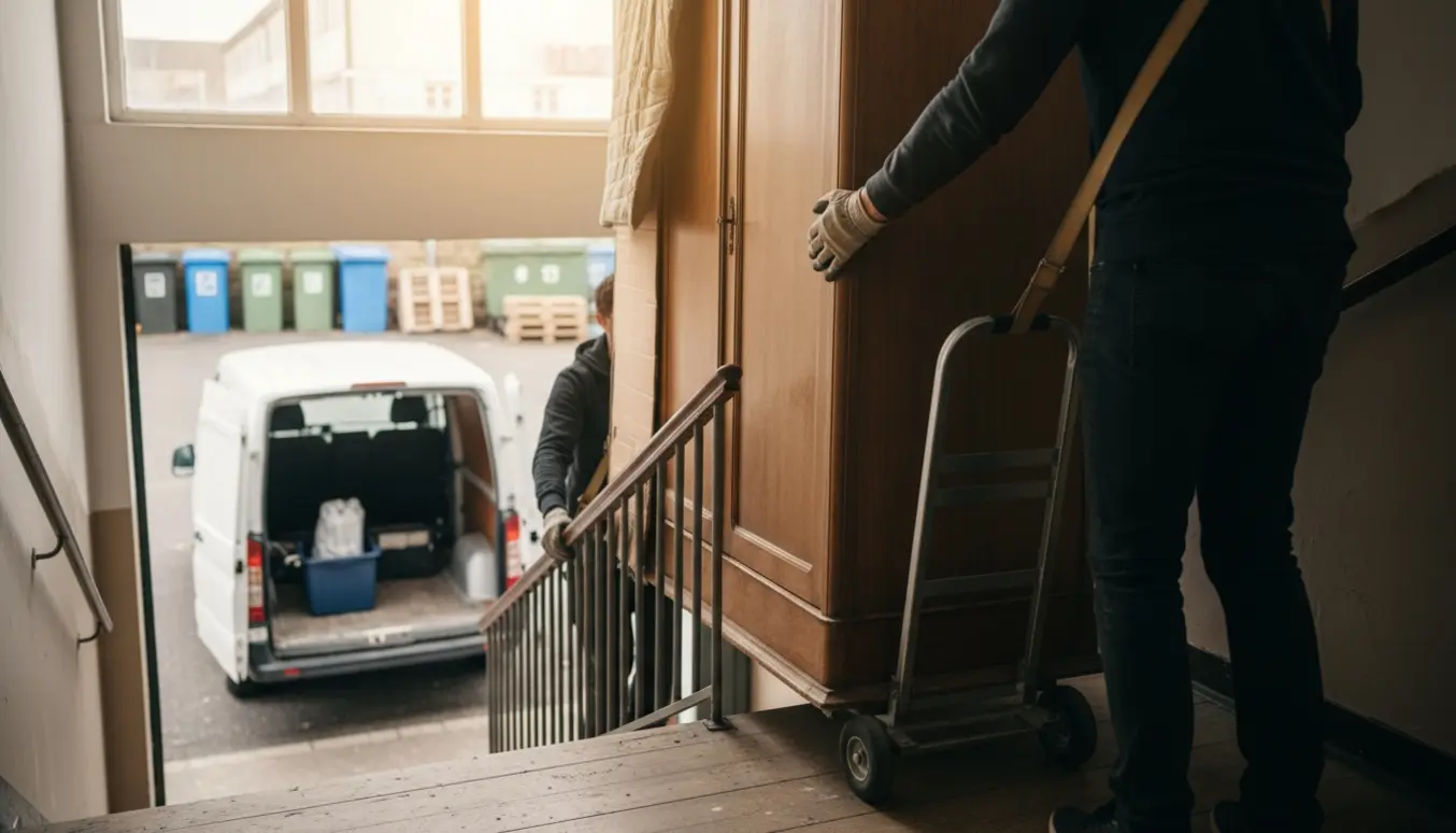 Et skab bæres ned ad en smal opgang og gøres klar til afhentning og transport i en åben varevogn.