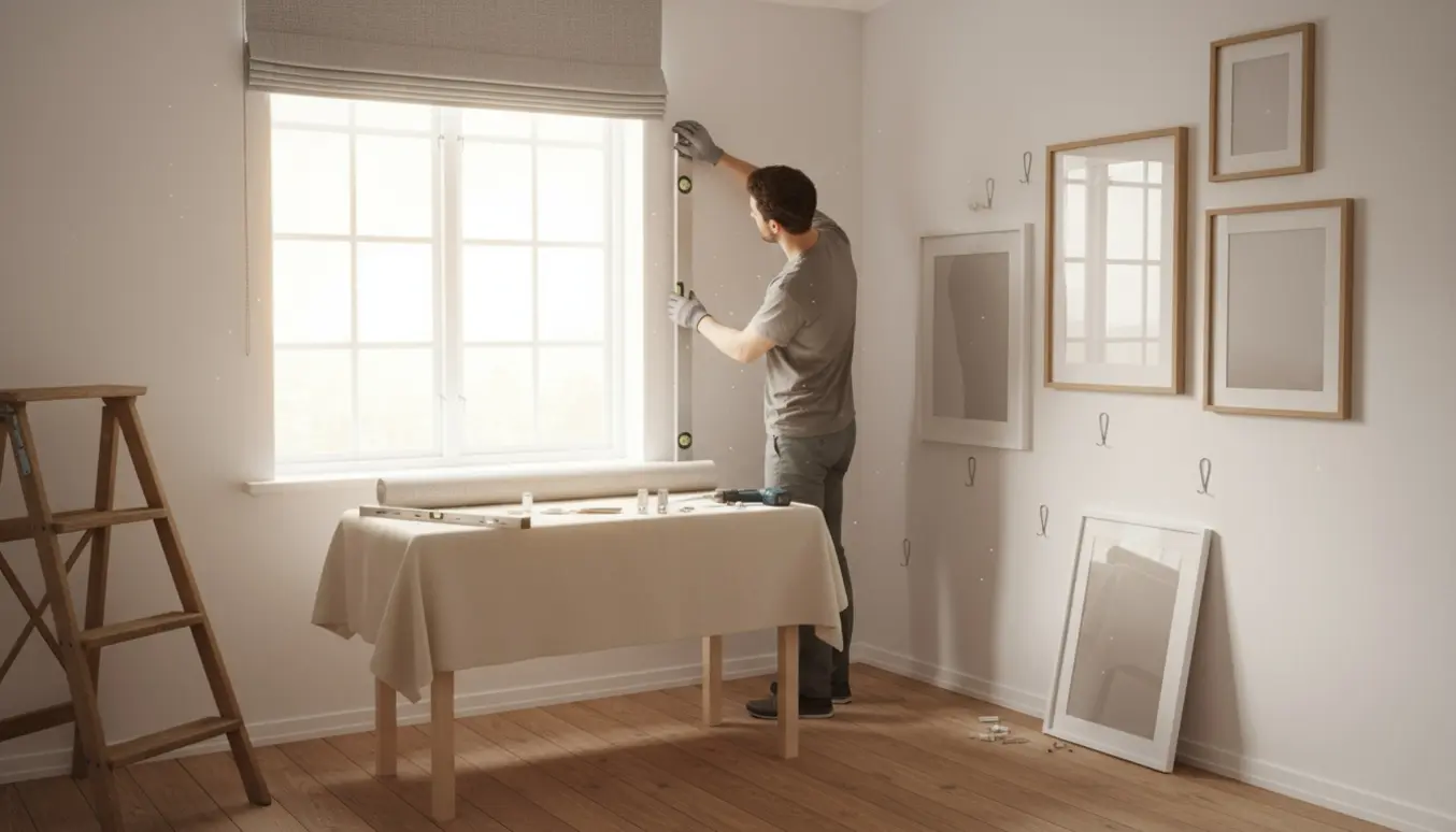 Hænder monterer et tilskåret rullegardin og hænger billeder og spejl op i et lyst, moderne rum.