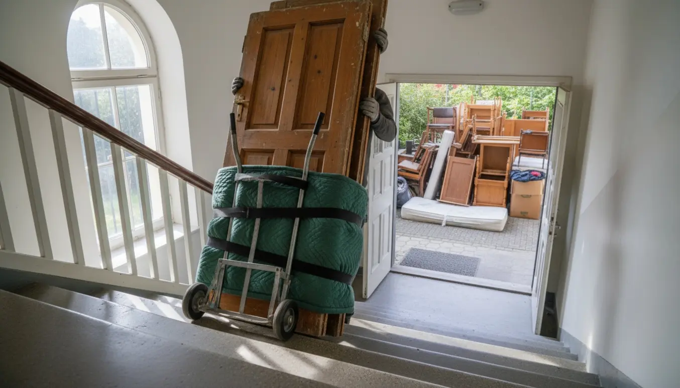 To indvendige døre på en flyttevogn bæres ned ad opgangen mod storskraldsrum i gården.