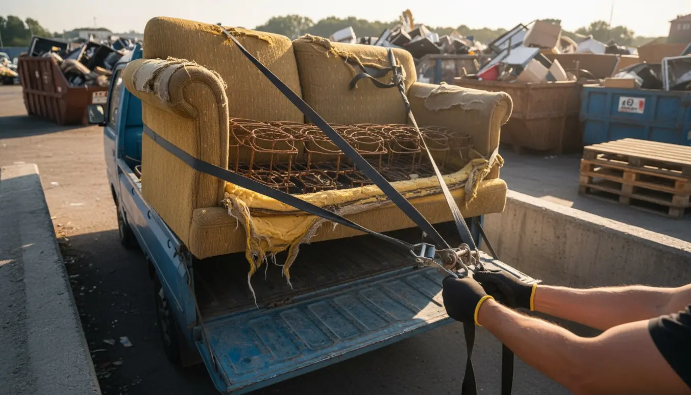 En ødelagt sofa læsses på en lille lastbil ved en genbrugsplads, med synlige revner i polstringen.