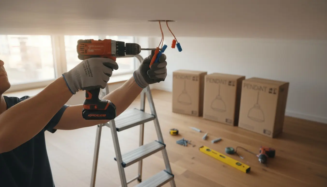 Hænder på en stige, der borer i loftet og tilkobler en loftlampe, mens fire ekstra lamper og værktøj ligger parat.