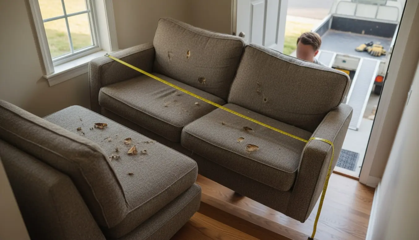 En slidt 2,1 m sofa med løse puder bæres ned ad en trappe mod en åben dør på vej til losseplads på grund af skadedyrsangreb.