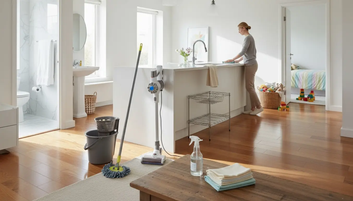 Soloplyst lejlighed med rengøringsudstyr, skinnende gulve og ryddede rum.