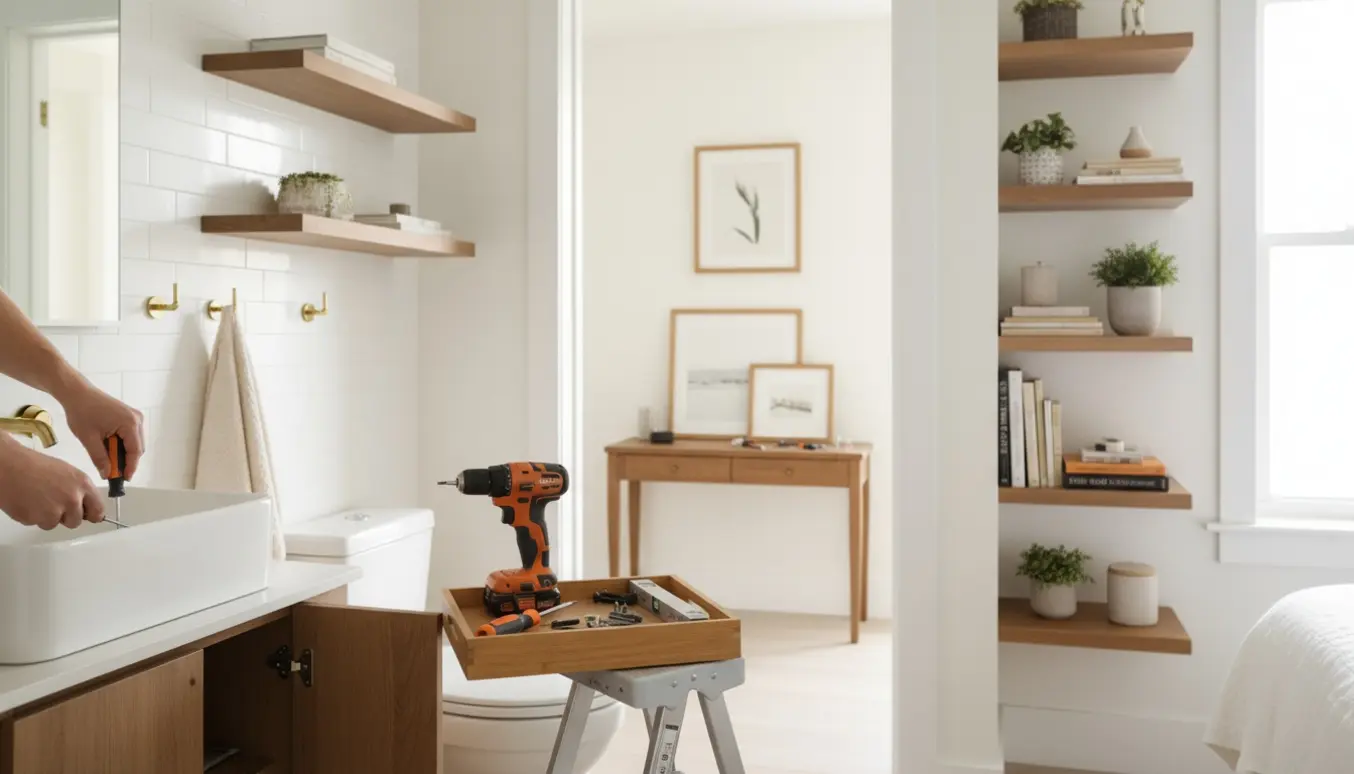 Indendørs foto med værktøj i forgrunden og opsatte hylder, knager og billeder i badeværelse, gang og værelse.