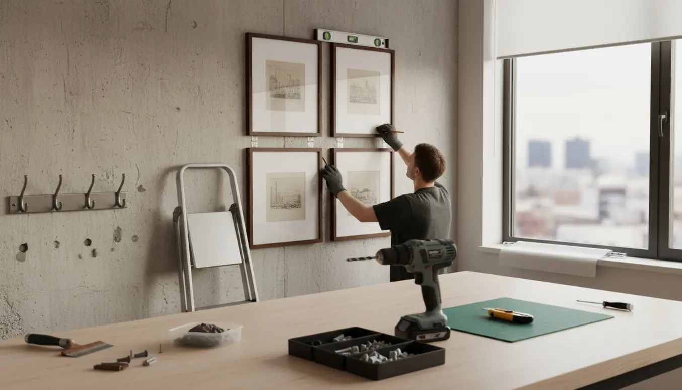 Kontorinstallation med ophængning af litografier på betonvæg, værktøj, udspartling og montering af rullegardin.