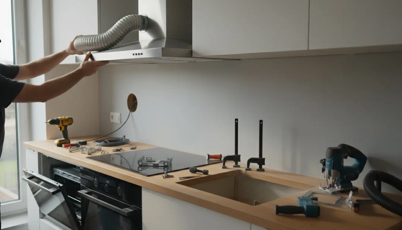 Installering og tilpasning af emhætte, indbygningsovn og induktionskogeplade i et lyst køkken.