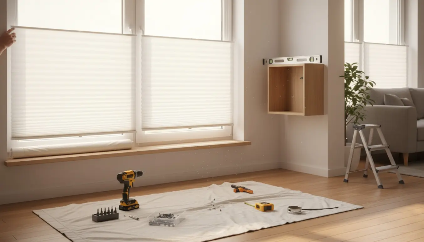 Udskiftning af to rullegardiner ved et stort vindue og montering af en lille reol på 54 x 54 cm med værktøj og hænder i billedet.