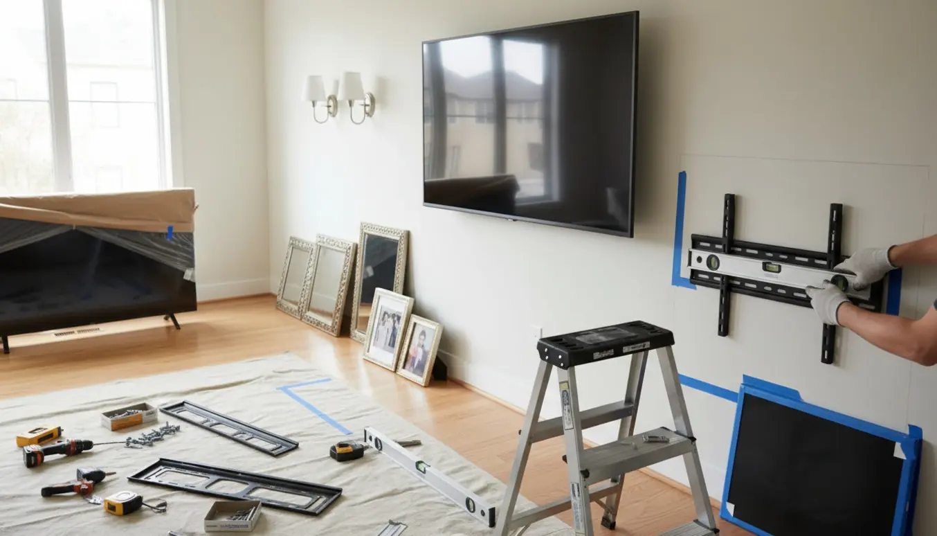 Værktøj og genstande klar til ophængning i en stue med fjernsyn, lamper, spejle og billeder.