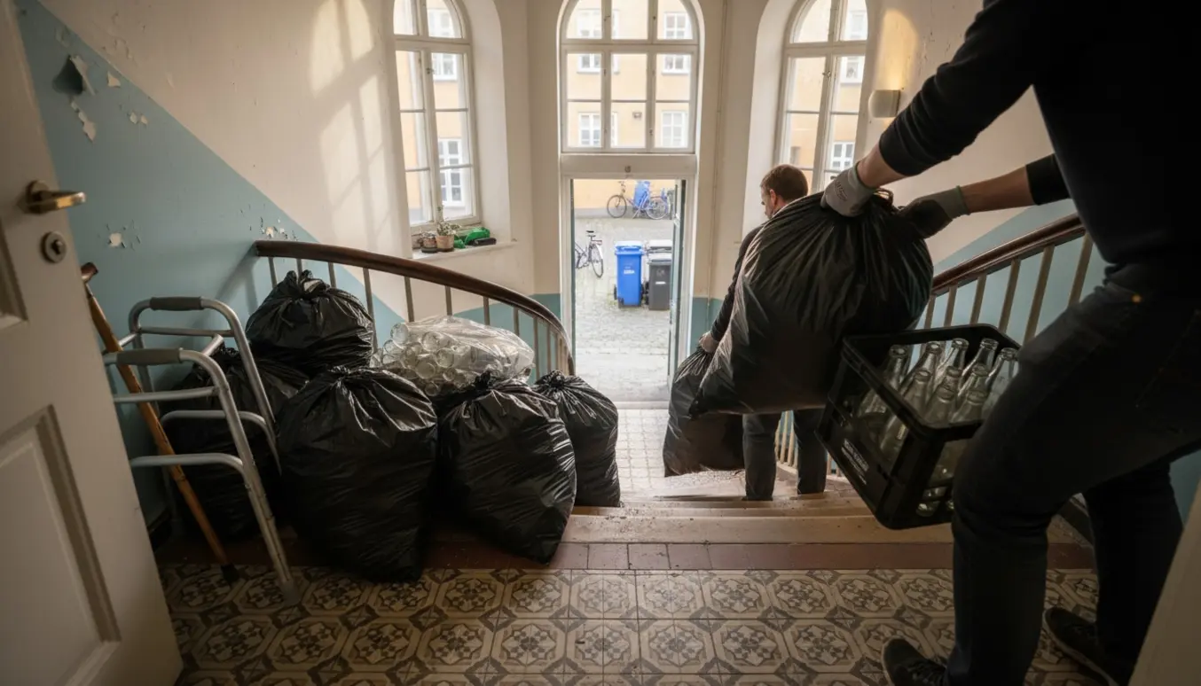 Hjælpere bærer store sorte affaldsposer ned ad trappen fra en lejlighed, med en sammenklappet rollator ved døren.