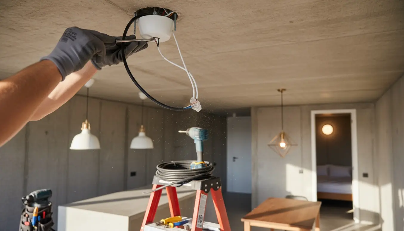 Hænder monterer pendler i et betonloft med værktøj i forgrunden og færdigmonterede lamper over køkkenbord, spisebord og i soveværelset i baggrunden.