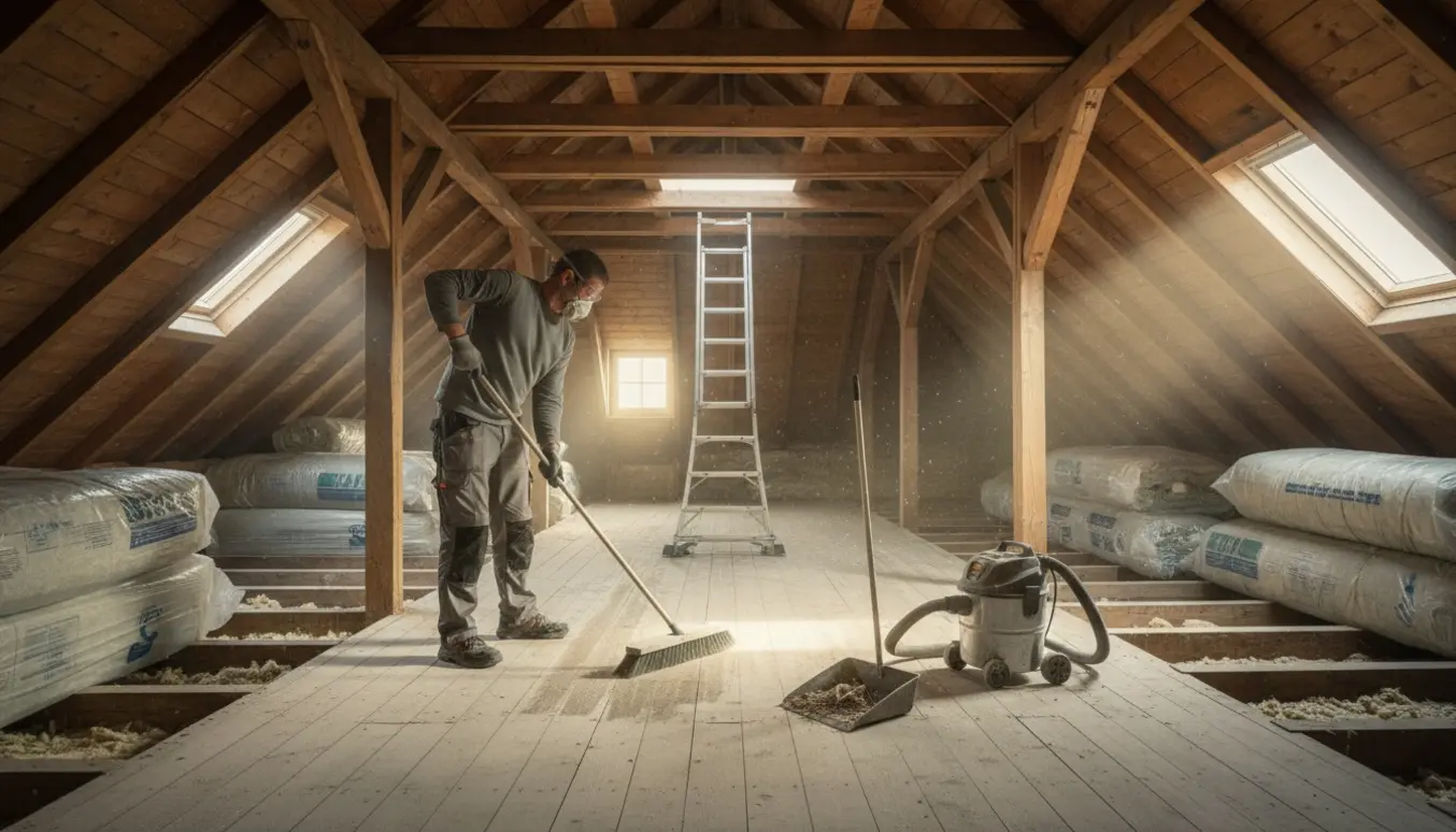 Et stort loftsrum på ca. 80 m², hvor en person fejer støv og isolering med kost og industristøvsuger, ansigtet er ikke synligt.