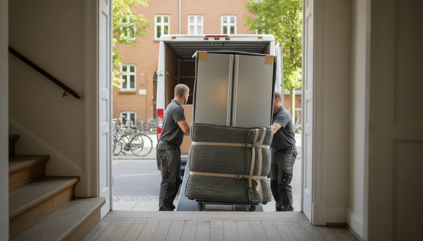 Et stort amerikansk køleskab på en dolly bliver flyttet ud af en lejlighed og op på en flyttevogn på en rolig gade.