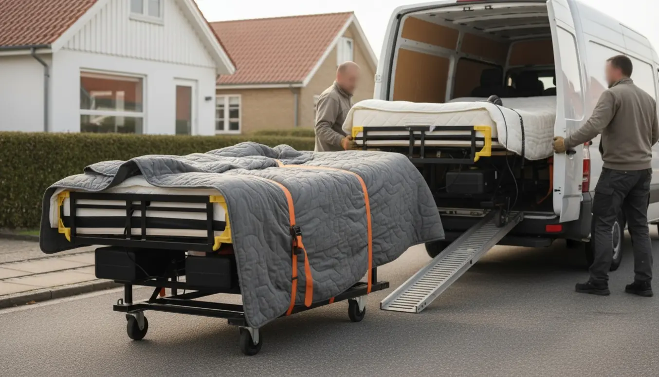 To elevationssenge læsses i en varevogn på en stille villavej med flyttetæpper og surringsstropper.