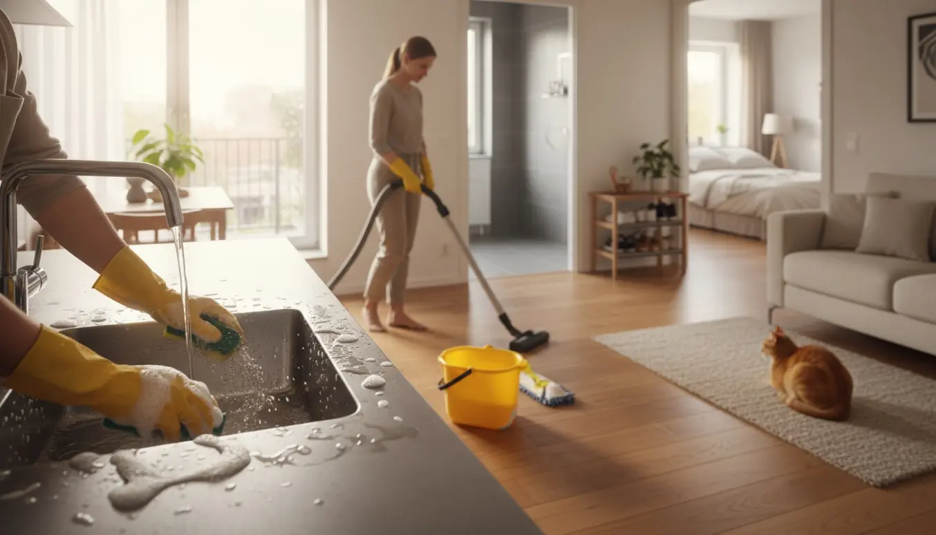 Hænder i handsker skrubber en køkkenvask, mens støvsuger og moppe står klar i en lys, ryddelig lejlighed med en kat i baggrunden.
