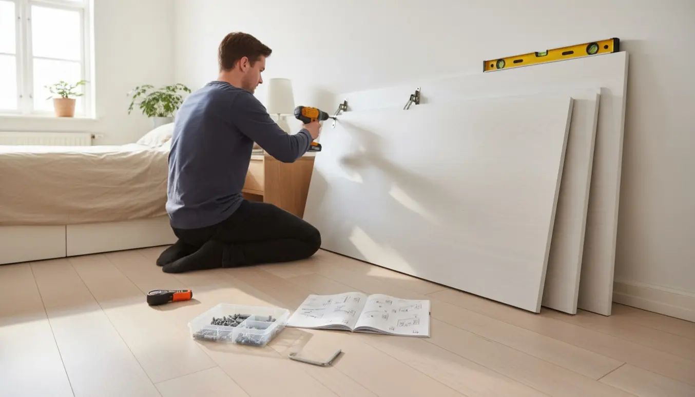 To personer samler og monterer en skabsseng i et lyst soveværelse med værktøj og monteringsdele.