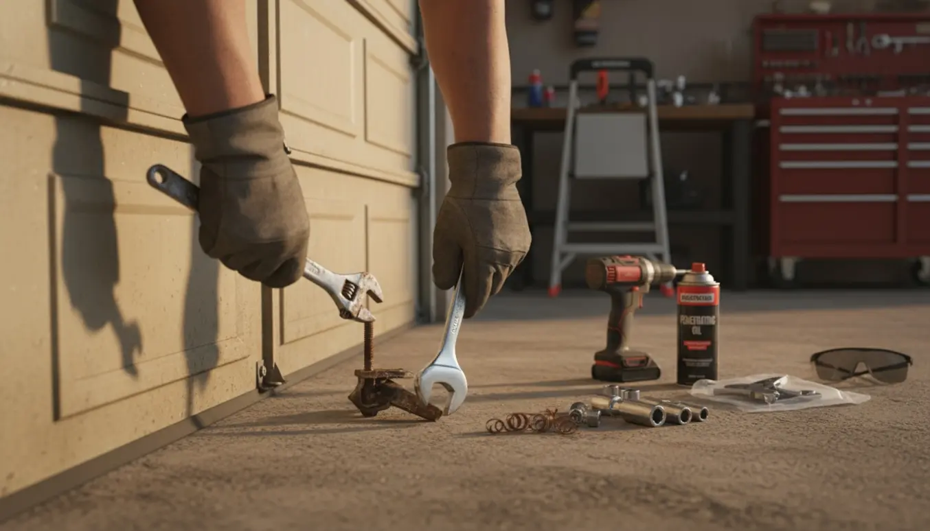 Hænder i arbejdshandsker udskifter et ødelagt hængsel på en garageport med værktøj på gulvet.