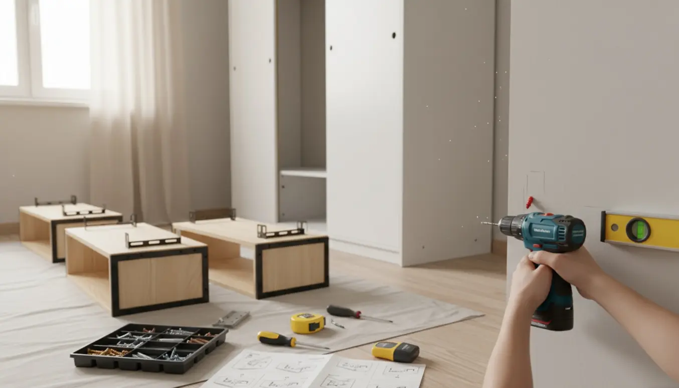 Halvsamlet garderobe og to reoler, mens en hånd skruer en rawlplug i væggen med en bore-/skruemaskine.